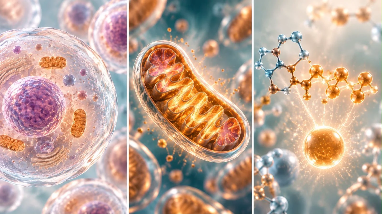 Ilustrace buňky, mitochondrie a molekul